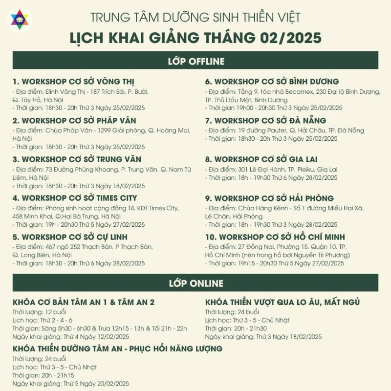 LỊCH KHAI GIẢNG CÁC LỚP THIỀN ONLINE VÀ OFFLINE THÁNG 02/2025