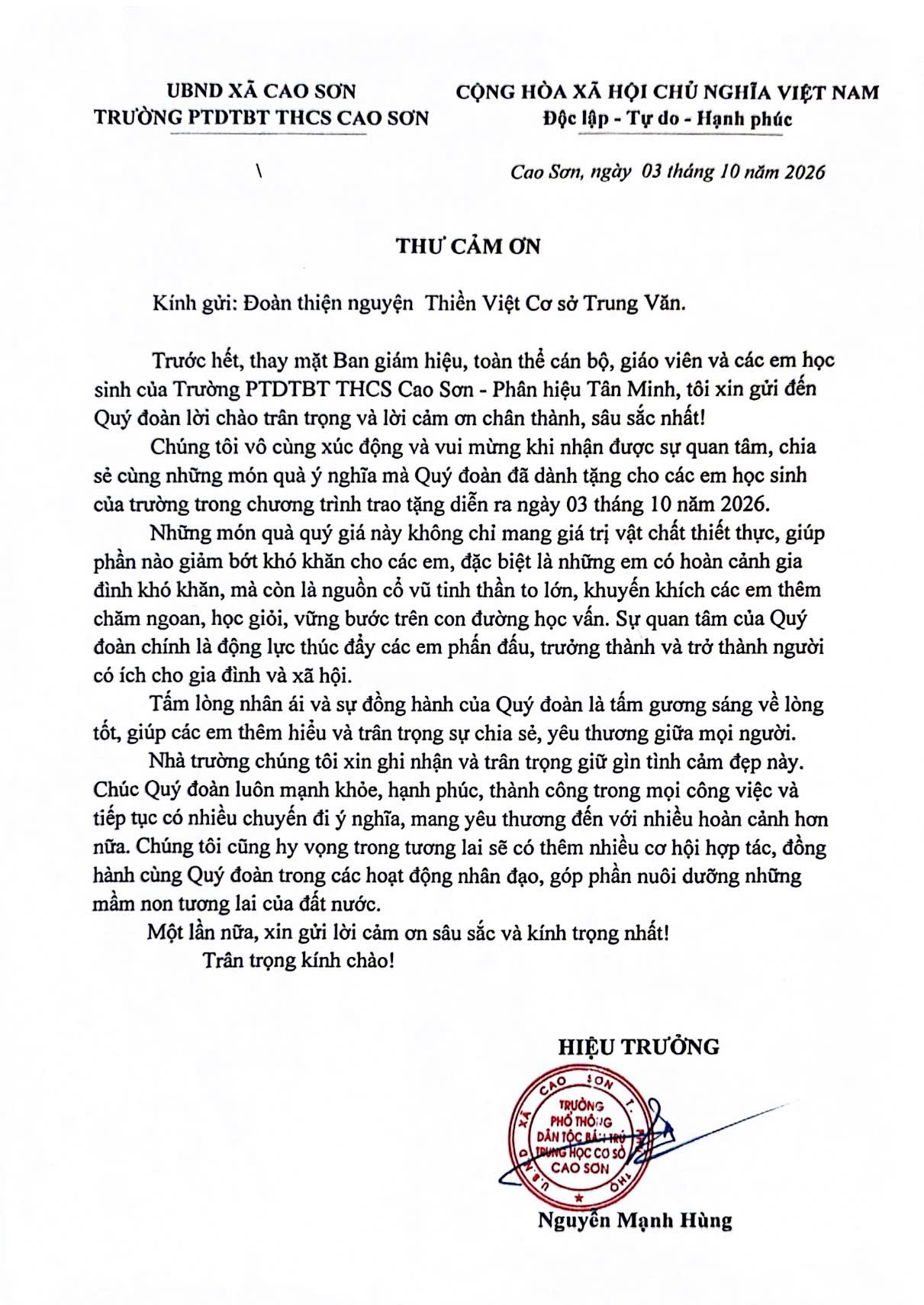 Thư cảm ơn của Trường PTDTBT THCS Cao Sơn gửi Đoàn thiện nguyện Thiền Việt Trung Văn